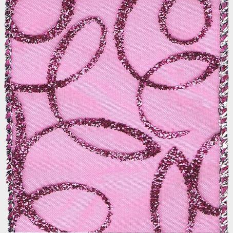 2.5" Pink sheer ribbon with glitter Pattern - 2pcs