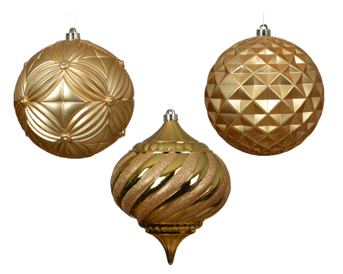 200mm Gold Assorted Baubles - 3pcs