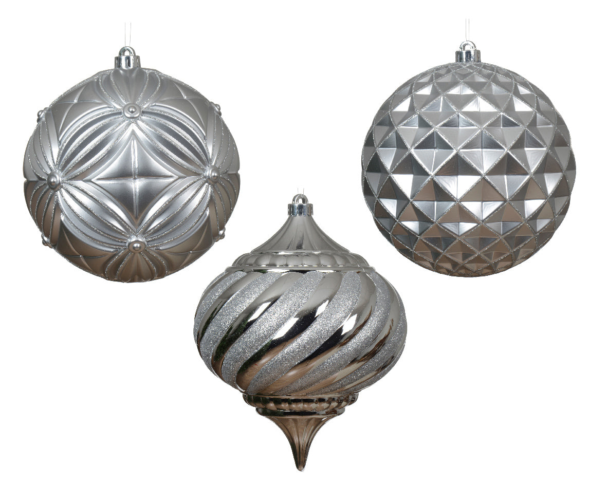 200mm Silver Assorted Baubles - 3pcs