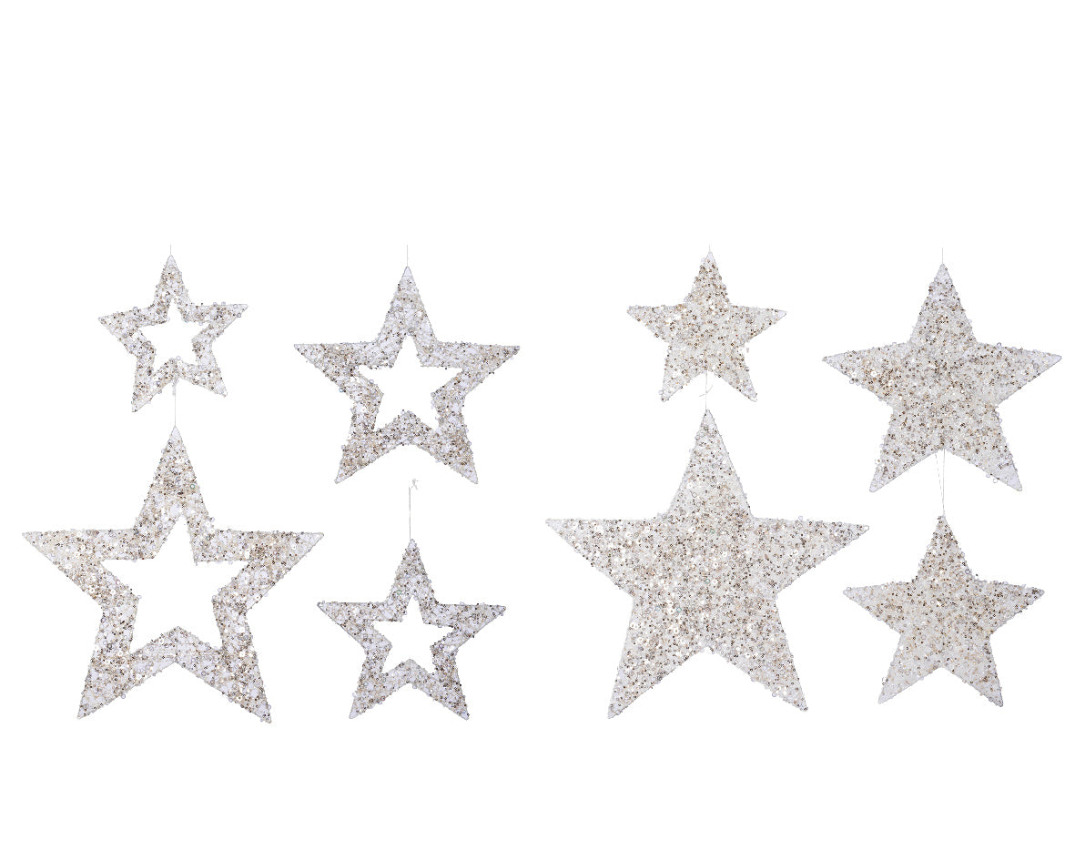 White Mixed Stars with Glitter  - 8pcs