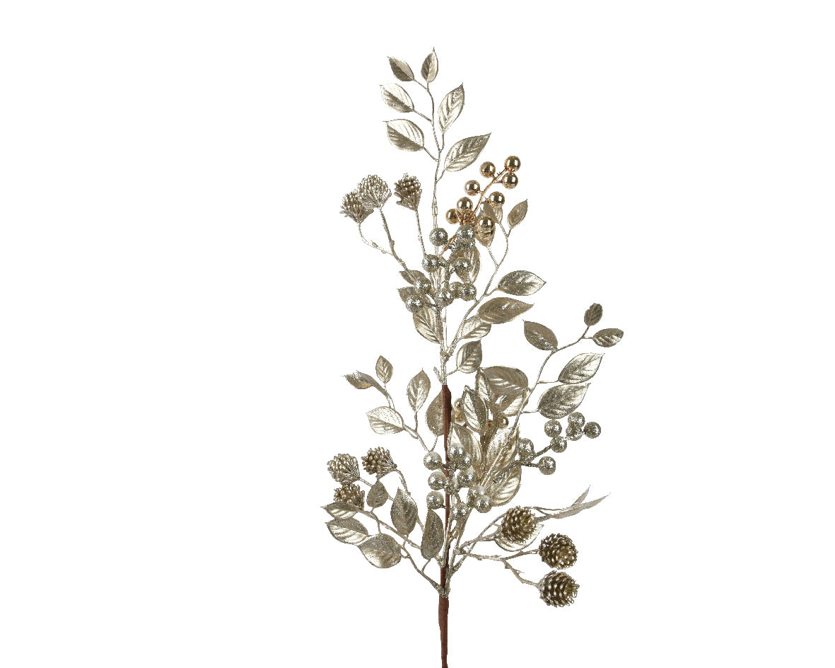 Champagne Leaf Spray with Pinecones 1pc The Christmas Decorators