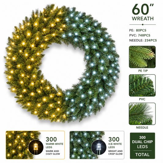 60Inch Premium Wreath - 300 2Chip 20% Twinkle Warm-White/Ice-White LEDs - 1pc