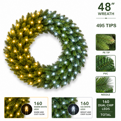 48Inch Pre-lit Wreath 160 2Chip Warm-White/Ice 20% Twinkling LEDs (Premium) - 1pc