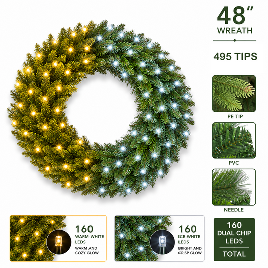 48Inch Pre-lit Wreath 160 2Chip Warm-White/Ice 20% Twinkling LEDs (Premium) - 1pc