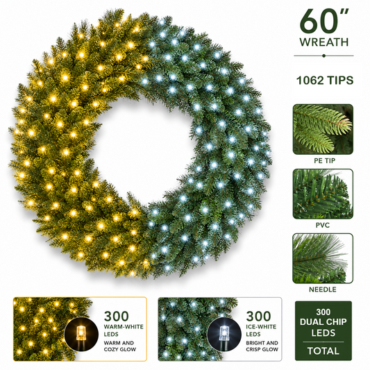 60Inch Wreath - 300 2Chip 20% Twinkle Warm-White/Ice-White LEDs (Premium)  - 1pc