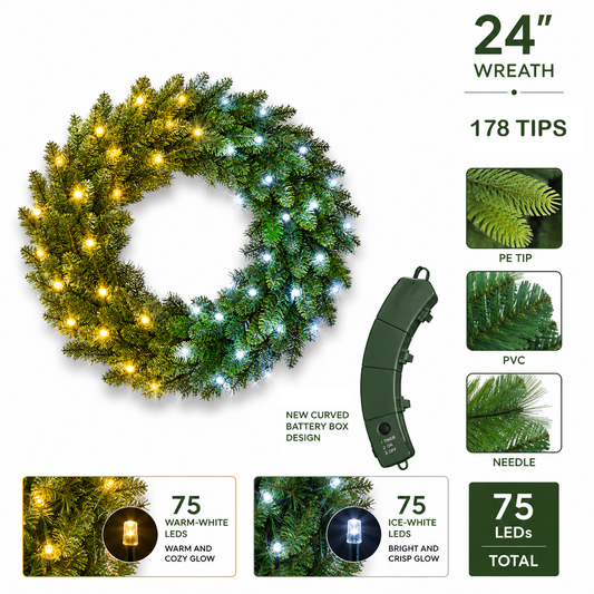 24Inch Luxury Battery Wreath -75 warm-white/ice-white - 1pc (2026)