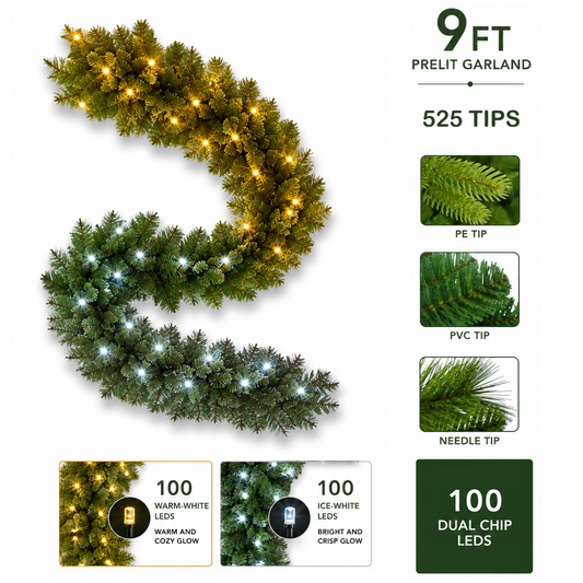 9ft Pre-lit Garland 100 2Chip Warm-White/Ice-White LEDs 20% Twinkling (Premium) - 3pcs (2026)