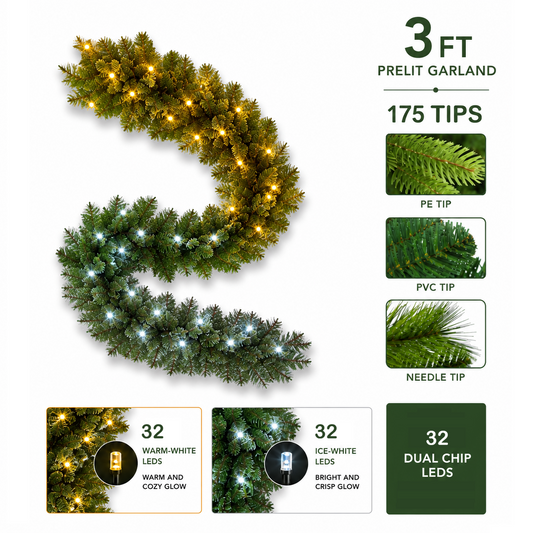 3ft Pre-lit Garland 32 2Chip Warm-White/Ice-White 20% Twinkling LEDs (Premium) - 3pcs