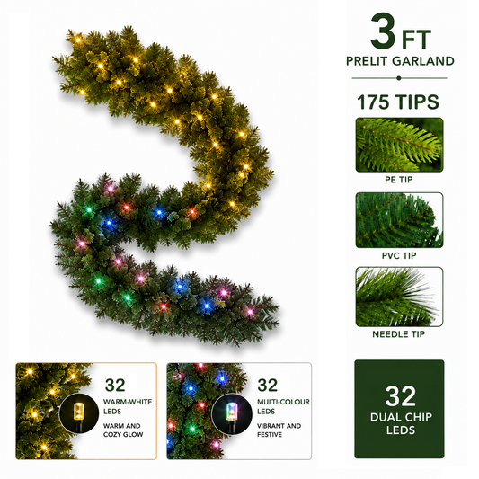 3ft Pre-lit Garland 32 2Chip Warm-White/Multi-Colour STATIC LEDs (Premium) - 3pcs