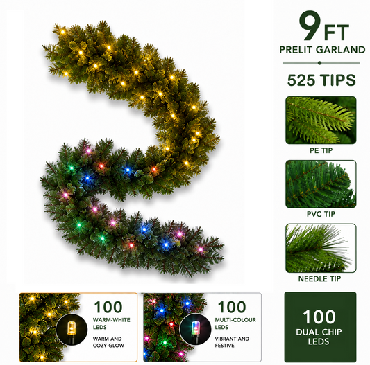 9ft Pre-lit Garland 100 2Chip Warm-White/Multi-colour STATIC (Premium) - 3pcs