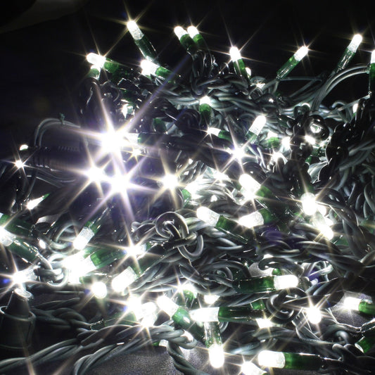 100 Ice-White LEDs 25% Twinkling on 10m green cable LV - 10 Sets