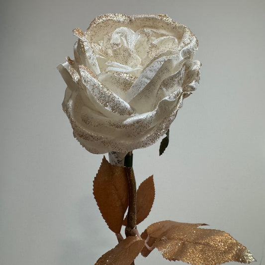 Rose on stem White/Gold - 6pcs