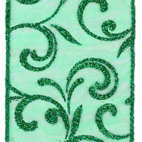 2.5" Green (Emerald) sheer ribbon with leaf pattern - 2pcs