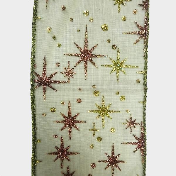 2.5" Green sheer with green/brown glitter star pattern - 2pcs