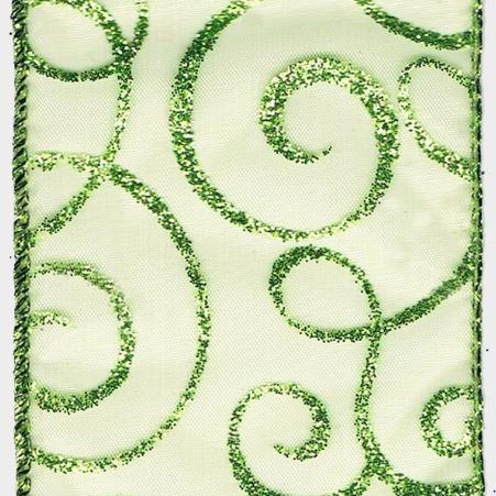 2.5" Green sheer with glitter swirl pattern - 2pcs