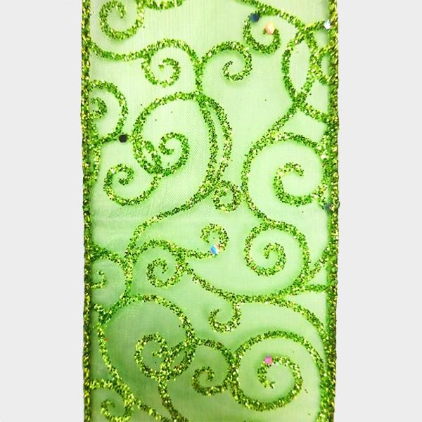 2.5" Green (Lime) sheer with glitter swirl pattern - 2pcs