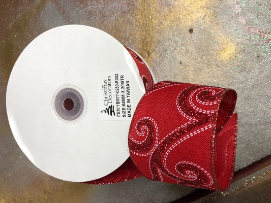 2.5" Red with Red glitter and white stitching scrolls - 2pcs