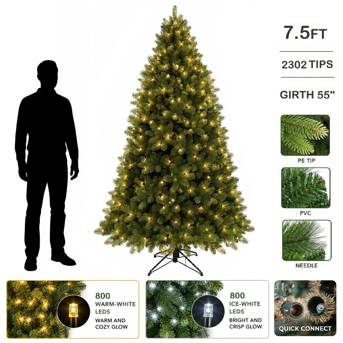 7.5ft Premium Tree  Narrow - 800 2Chip Warm-White/Ice-White LEDs