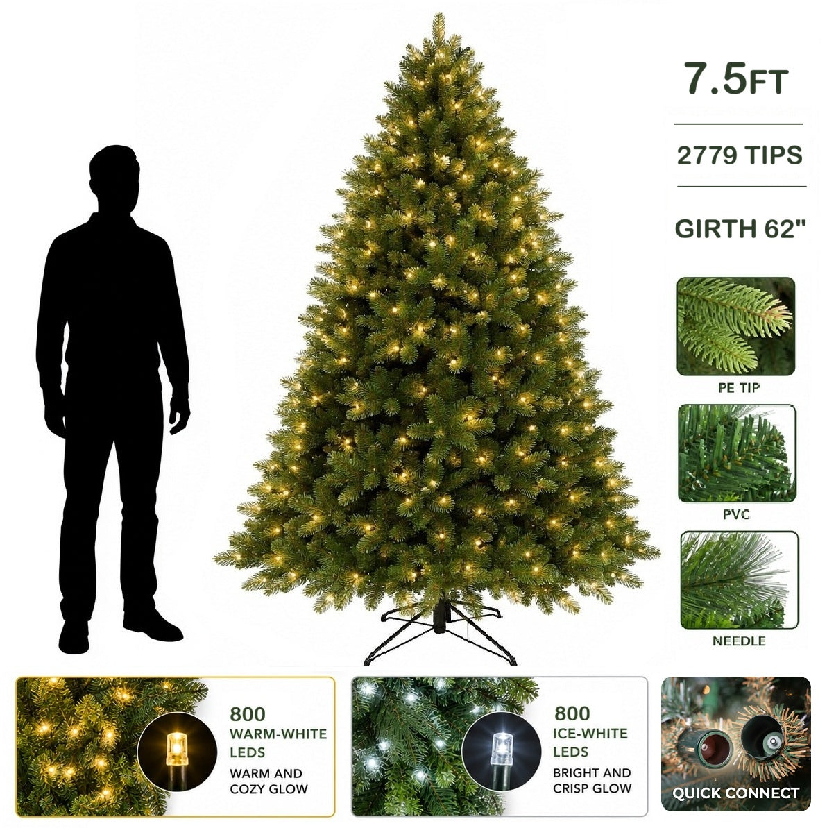 7.5ft Premium Tree Wide - 800 2Chip Warm-White/Ice-White LEDs